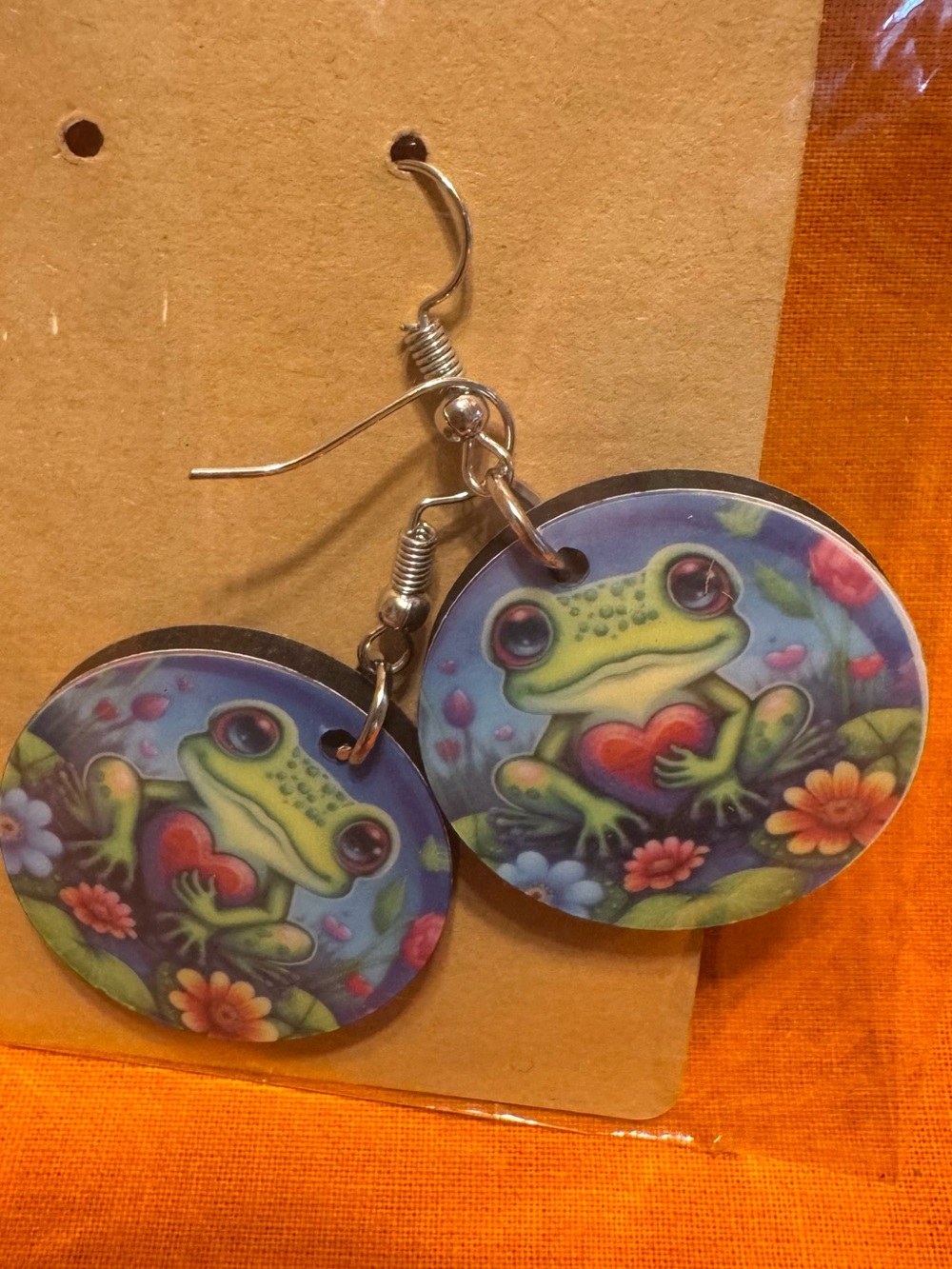 Cute Frog Heart Dangle Earrings in Green and Purple